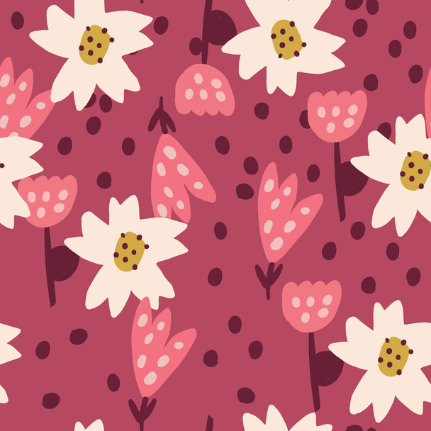 Χαριτωμένο Επαναλάβετε Daisy Wildflower μοτίβο με ανοιχτό ροζ φόντο. Χωρίς ραφές μοτίβο λουλουδιών. Λευκή Ντέιζι. Κομψή επαναλαμβανόμενη υφή. Επαναλαμβανόμενη υφή.  - Διάνυσμα, εικόνα