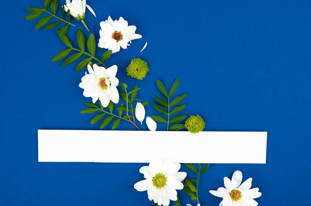 Composición de flores de primavera.Mock encima de la tarjeta de papel con espacio de copia.Marco hecho de flores blancas sobre un fondo azul
 - Foto, Imagen