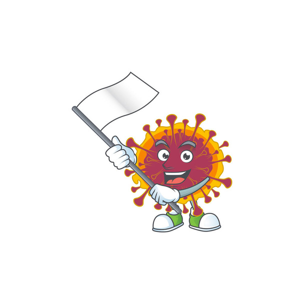 Um patriótico espalhando coronavírus mascote design de caráter segurando bandeira de pé
 - Vetor, Imagem