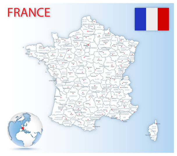 Detailed map of France administrative divisions with country flag and location on the globe. - Vector, Image