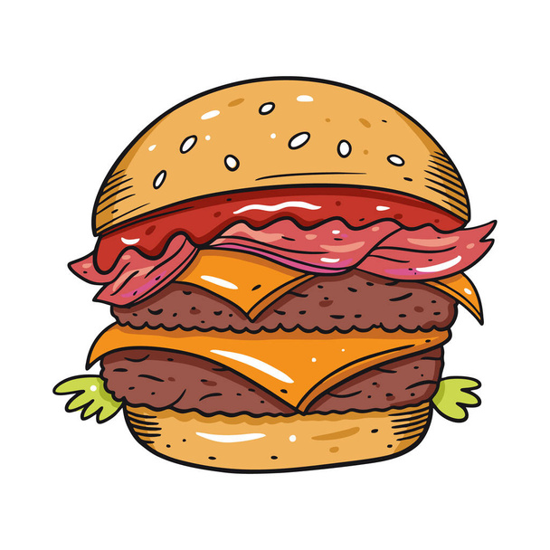 Double Burger se slaninou. Ručně kreslené vektorové ilustrace v kresleném stylu. Izolováno na bílém pozadí. - Vektor, obrázek