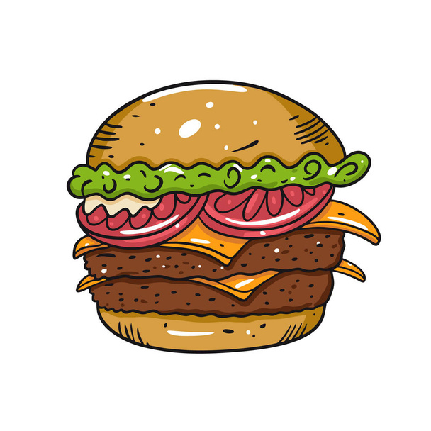 Doppelter Cheeseburger. Handgezeichnete Vektorillustration im Cartoon-Stil. Isoliert auf weißem Hintergrund. - Vektor, Bild