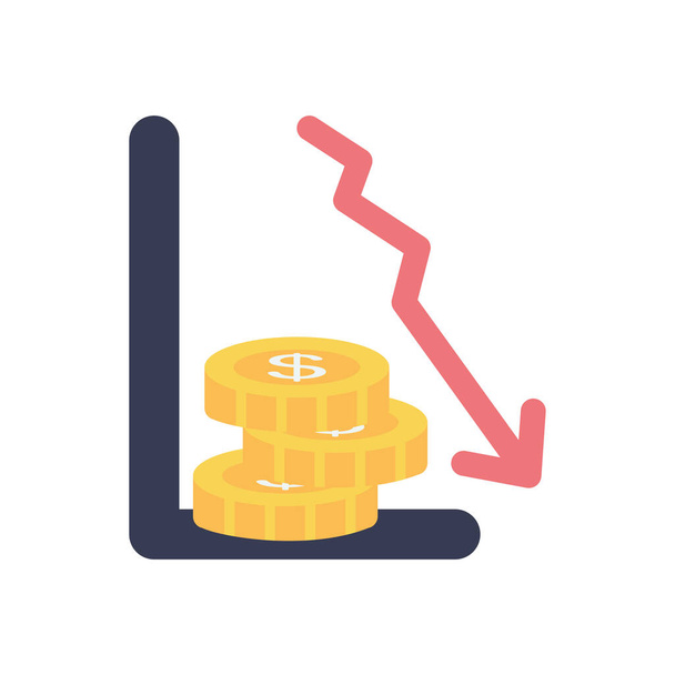 γράφημα με οικονομικό βέλος προς τα κάτω και χρήματα εικονίδιο κέρματα, επίπεδη στυλ - Διάνυσμα, εικόνα
