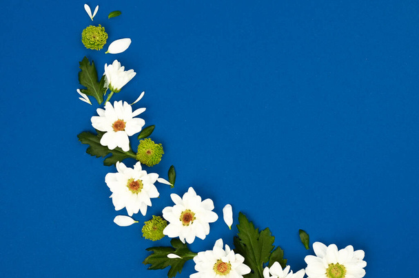 Kreatives Layout mit weißen Blüten und grünen Blättern auf blauem Hintergrund. Frühlingskonzept. Flache Lage, Draufsicht - Foto, Bild