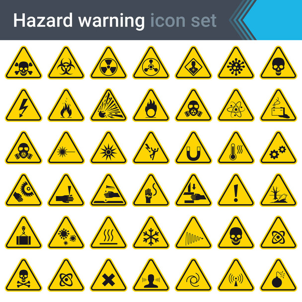 黄色の三角形のハザード警告標識。危険を警告する兆候のセット。42高品質のハザードシンボルと要素。危険アイコン。ベクターイラスト. - ベクター画像