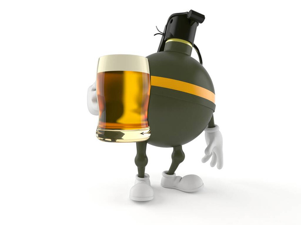 Hand grenade character holding beer glass isolated on white background. 3d illustration - Photo, Image