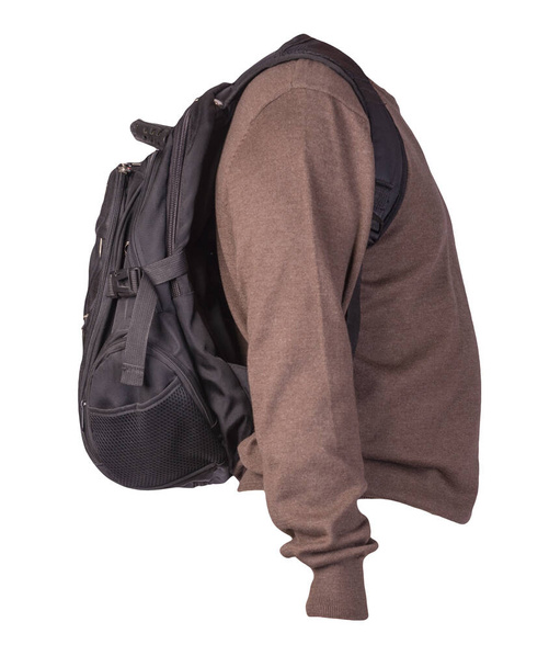 black backpack dressed in a knitted brown sweater isolated on a white background. backpack and male sweater view from the back - Zdjęcie, obraz