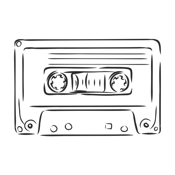 ベクトルイラスト。レトロなオーディオカセットの手描きドア。ステレオ音楽を録音し、聞くためのアナログメディア。昔ながらのテープカセット。漫画のスケッチ。白地に隔離された - ベクター画像