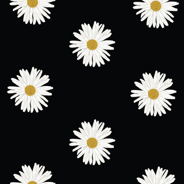 Repeat Daisy Flower Pattern with black background. Seamless floral pattern. Stylish repeating texture.  - Vector, Image