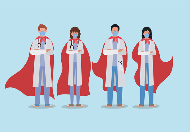 Frauen und Männer Ärzte Helden mit Umhang gegen 2019 ncov Virus Vektor Design - Vektor, Bild