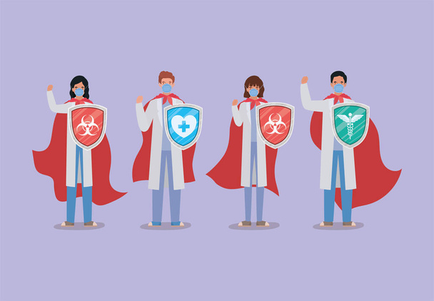 ženy a muži lékaři hrdinové s pláštěm a štít proti 2019 ncov virus vektor design - Vektor, obrázek