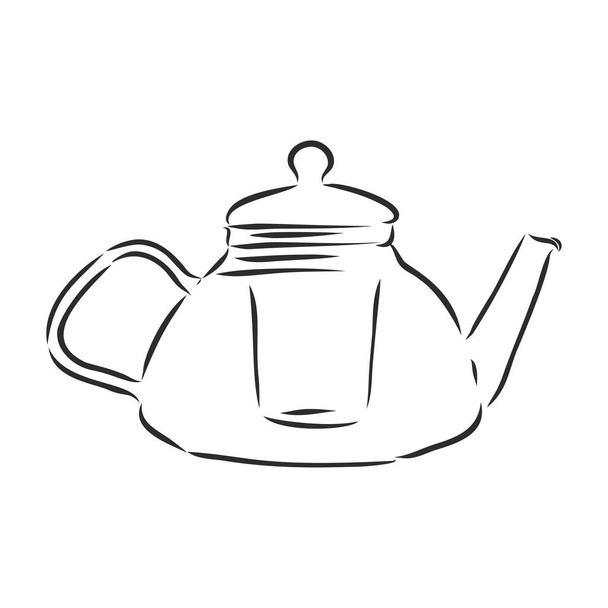Käsin piirretty luonnos vektori teekannu. Käsin vedetyt vedenkeittimet. Teekannuja eristetyllä pohjalla. Vintage-teen tausta. Valikon suunnittelu
 - Vektori, kuva