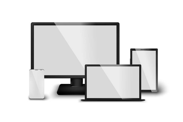 現実的な3Dコンピュータデバイス画面、タブレット、携帯電話、ラップトップのベクトルセット。異なる層の白い背景に隔離されたガジェット。レスポンシブWebモックアップとテンプレートイラスト. - ベクター画像