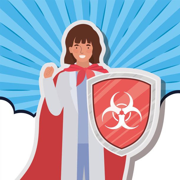 2019 ncov virüs tasarımı karşısında pelerin ve kalkan taşıyan kadın kahraman doktor. - Vektör, Görsel