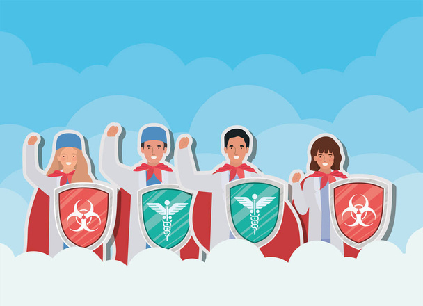 vrouwen en mannen artsen helden met cape en schild tegen 2019 ncov virus vector ontwerp - Vector, afbeelding