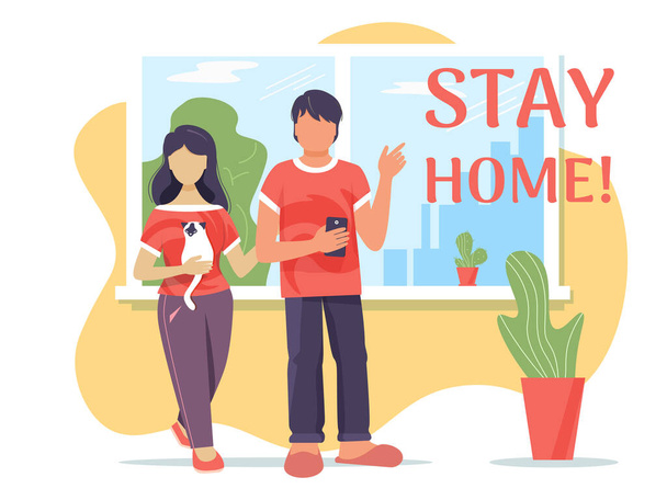 A man and a girl in home clothes on the background of the window.  The girl has a cat in her arms. The man points to the call " Stay at home!".  Vector image isolated on a white background. - Vector, Image