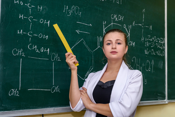 Female portrait. Chemistry teacher standing near class board pointing on it - Fotografie, Obrázek