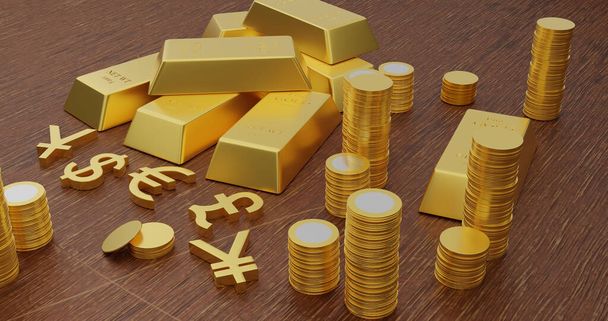 3D визуализация золотых слитков и золотых символов валюты на деревянном столе
.  - Фото, изображение