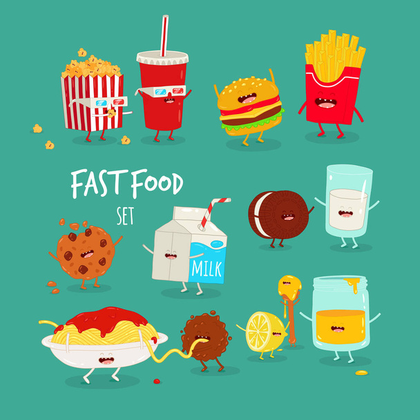 Fast food ingesteld op groene achtergrond - Vector, afbeelding