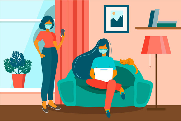 covid-19 young women sitting at home in an armchair and working on a laptop and in the phone, flat style vector illustration. Social distance and self-isolation during quarantine. - Vector, Image
