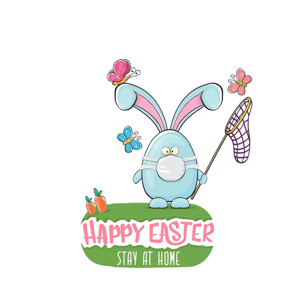 Happy easter stay at home greeting card with funny cartoon blue rabbit with medical face mask holding butterfly net. Easter egg hunt hand drawn concept illustration banner. - Vector, Image