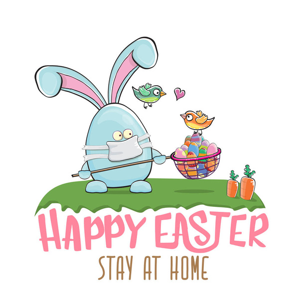 Happy easter stay at home greeting card with funny cartoon blue rabbit with medical face mask holding butterfly net. Easter egg hunt hand drawn concept illustration banner. - Vector, Image