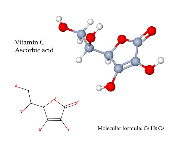 Witamina C Kwas askorbinowy jest silnym przeciwutleniaczem i ważnym dla układu odpornościowego. Źródłem pożywienia są owoce i warzywa, cytryna, pomarańcza, kiwi. 3d ilustracja struktury molekularnej i wzoru chemicznego - Zdjęcie, obraz