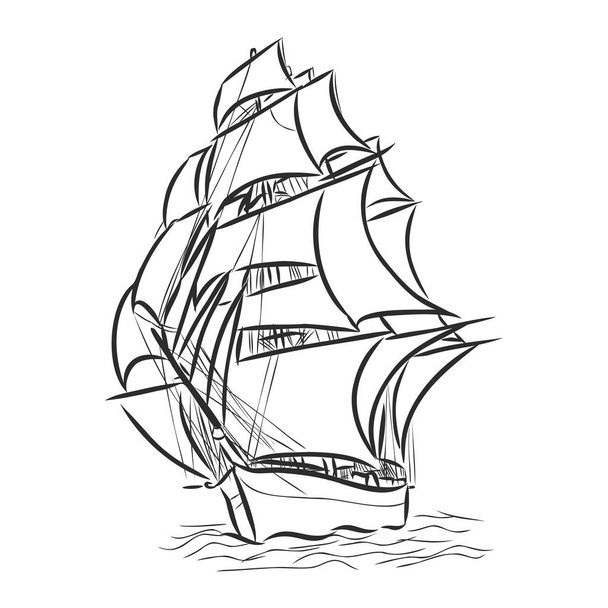 Navio à vela ou barco no oceano em estilo linha de tinta. Iate desenhado à mão. Design de tema marinho. - Vetor, Imagem