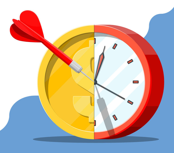 Target with dart and gold coin clocks. - Vector, Image