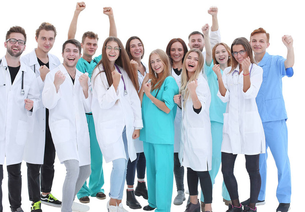 top view. a group of smiling doctors pointing at you. - Foto, Imagem