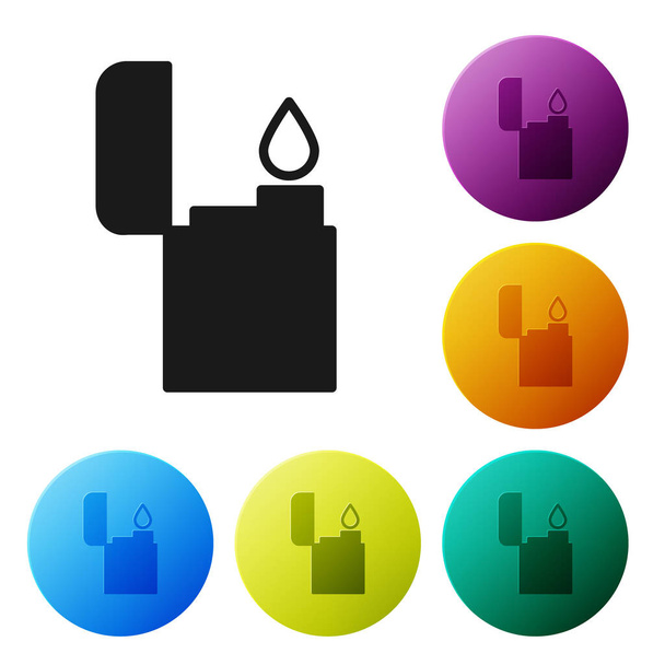 Ícone de isqueiro preto isolado no fundo branco. Definir ícones em botões de círculo de cores. Ilustração vetorial
 - Vetor, Imagem