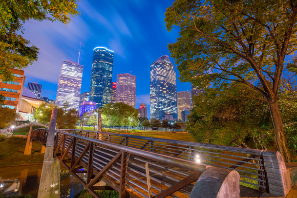 Centrum Houston panorama w Teksasie USA o zmierzchu - Zdjęcie, obraz