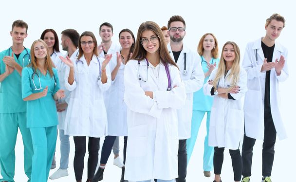 pohled shora. skupina usmívajících se doktorů ukazujících na vás. - Fotografie, Obrázek