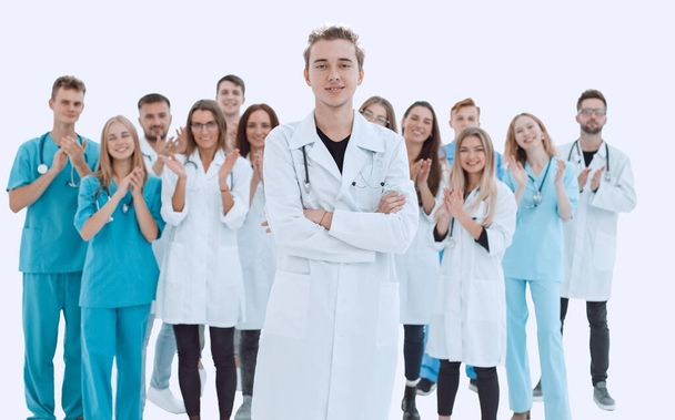 вид зверху. група усміхнених лікарів, які вказують на вас
. - Фото, зображення