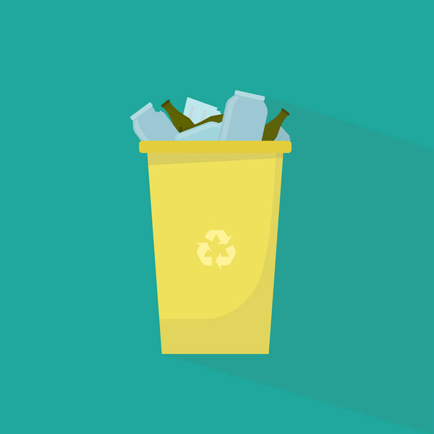 Recykling odpadów. Kosz pełen szklanych przedmiotów na turkusowym tle, ilustracja - Zdjęcie, obraz