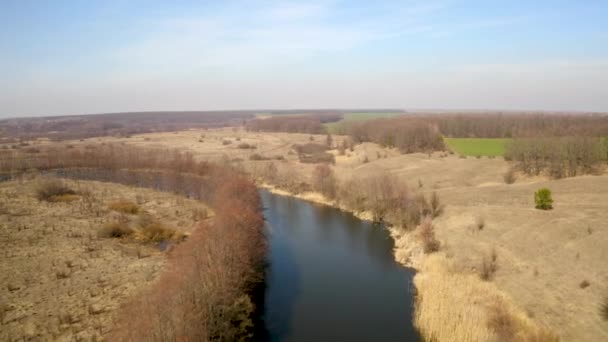 repül egy quadcopter mentén tavaszi folyó körül szárított sárga növényzet, légi felvétel - Felvétel, videó