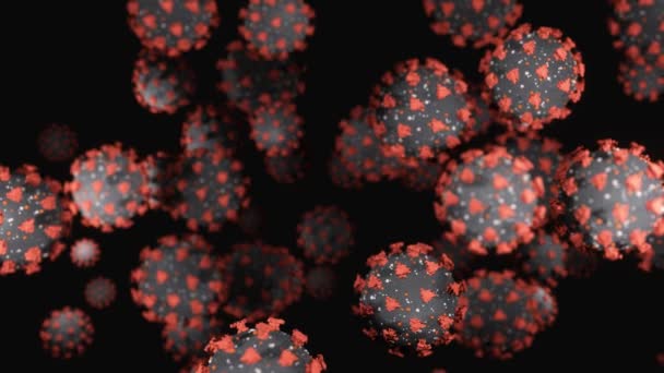 Wirusy, komórki wirusa pod mikroskopem, pływające w płynie z ciemnym tłem. Patogeny ogniska bakterii i wirusa, choroby powodujące mikroorganizmy. Dowódca-19. Koronawirus. Animacja w pętli 3D - Materiał filmowy, wideo