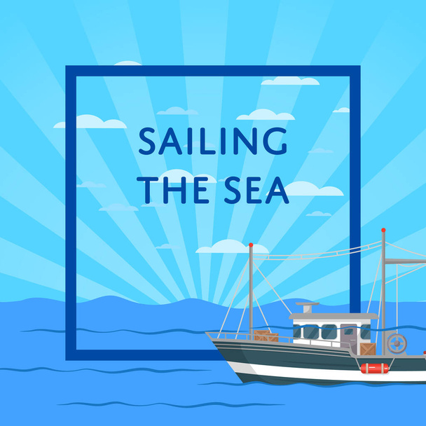 Navegando o cartaz do mar com pequeno navio
 - Vetor, Imagem