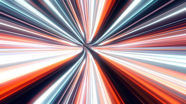Abstraktní barevné zářící lasery tvořící rychlostní tunel na černém pozadí, bezešvé smyčky. Animace. Pohybové grafické pozadí, Rychlost světla, neonově zářící paprsky v pohybu. - Fotografie, Obrázek