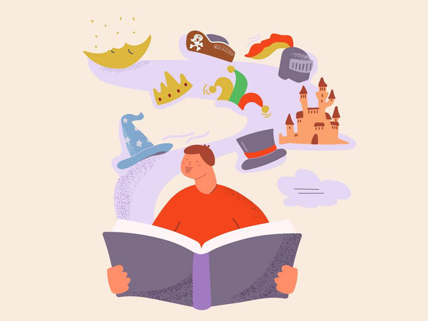 Мультфильм сиськи ребенок читать волшебную книгу сказочный хвост весело векторные плоские иллюстрации
 - Вектор,изображение