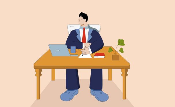 Cartoon zakenman in pak werken op laptop op de werkplek vector grafische illustratie - Vector, afbeelding