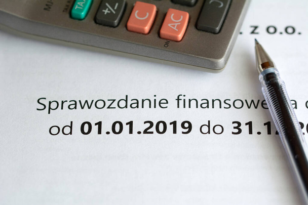 Výroční finanční zpráva za rok 2019 na listu papíru. Polské účetní a daňové předpisy - Fotografie, Obrázek