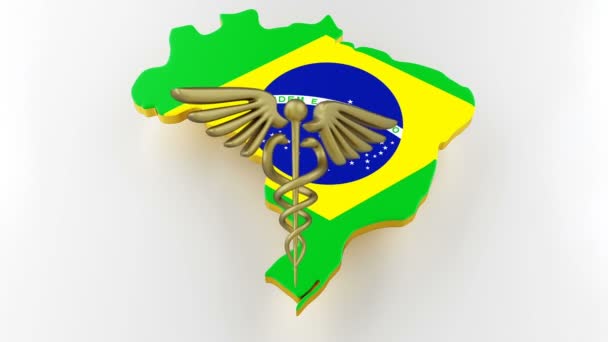 Caduceus merkki käärmeitä lääketieteellinen tähti. Kartta Brasilian maarajan lippu. 3d-renderointi
 - Materiaali, video