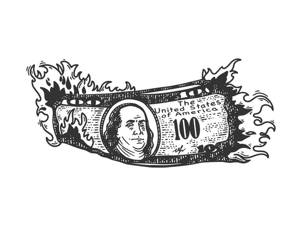 Brennen Dollar Geld Skizze Gravur Vektor Illustration. T-Shirt-Print-Design. Rubbelbrett-Imitat. Handgezeichnetes Schwarz-Weiß-Bild. - Vektor, Bild