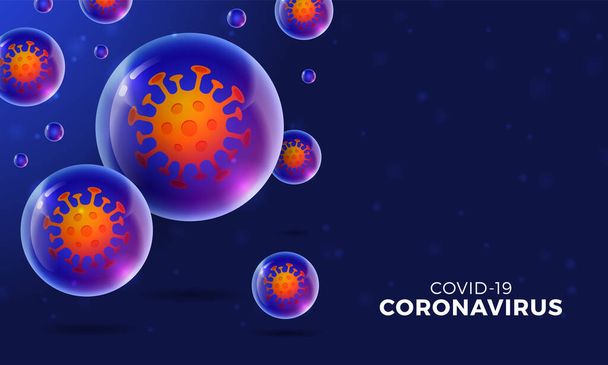 Futuristic Coronavirus або Covid-19 Web Banner template with glowing virus cell on realistic glossy ball on dark blue. - Вектор, зображення