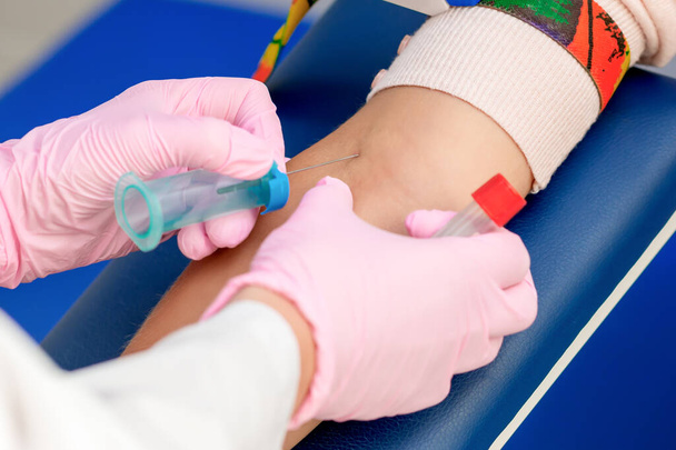 Nurse taking blood sampling from female patient on the analysis. - 写真・画像