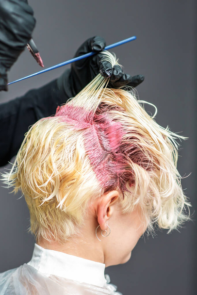 美容室で女性の髪にピンクの染料を適用する美容師. - 写真・画像