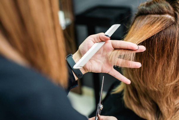Female hairdresser is holding in hand between fingers a red hair is cutting woman hair close up. - Photo, Image