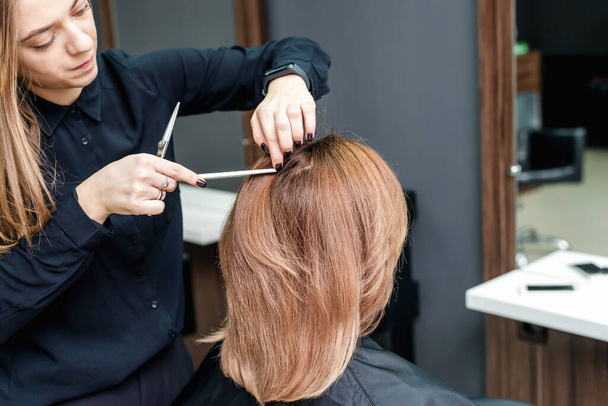 Fryzjer obcina włosy kobiecie w salonie fryzjerskim, zbliżenie, widok z tyłu. - Zdjęcie, obraz