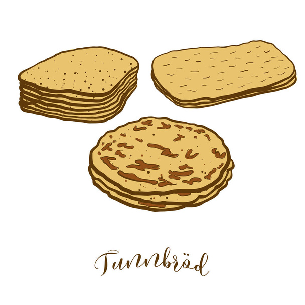 Värillinen piirros Tunnbrod leipää. Vektori kuva Flatbread ruokaa, joka tunnetaan yleensä Ruotsissa. Värilliset leipäpiirrokset
. - Vektori, kuva